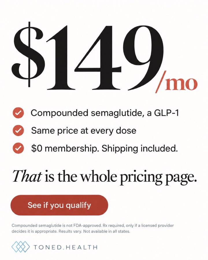 Toned.health ad: $149 a month, the whole pricing page