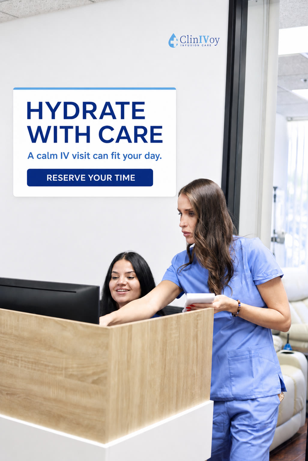 ClinIVoy static ad, Hydrate with care, reserve your time