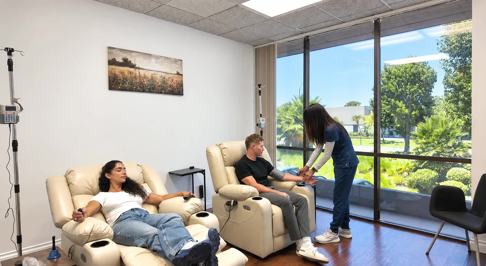 Two guests in recliners at a ClinIVoy suite while a nurse checks blood pressure