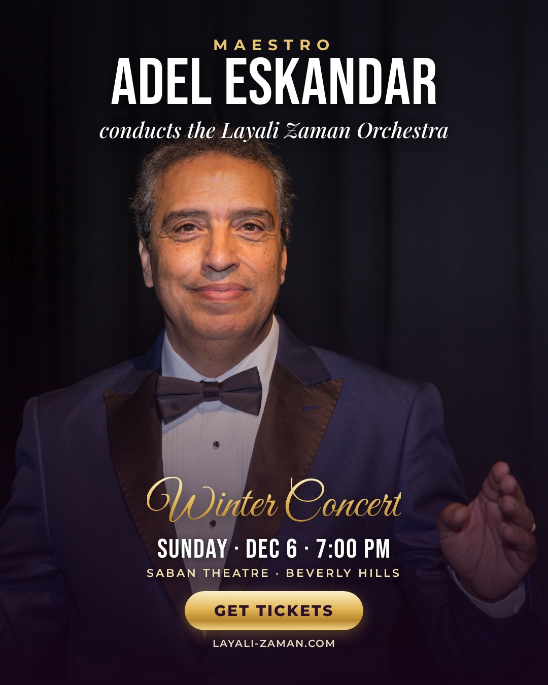 Layali Zaman static ad, a portrait of conductor Maestro Adel Eskandar in tails